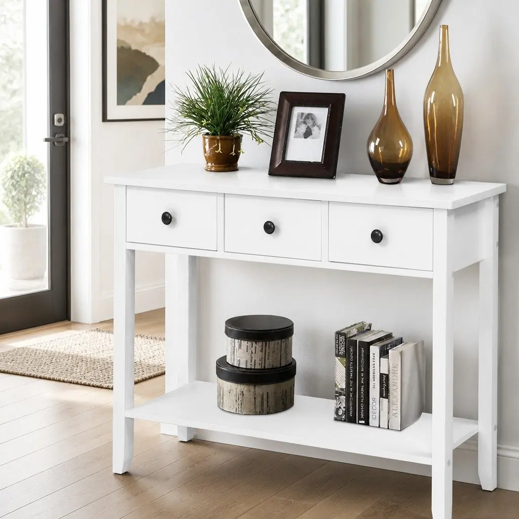 Console Table 3 Drawers 100CM White Hallway Entryway Storage Furniture