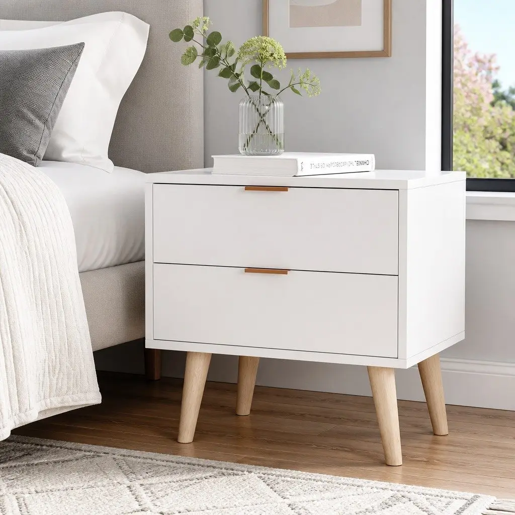 Bedside Table White 2 Drawers Bedroom Storage Nightstand with Aluminium Handles