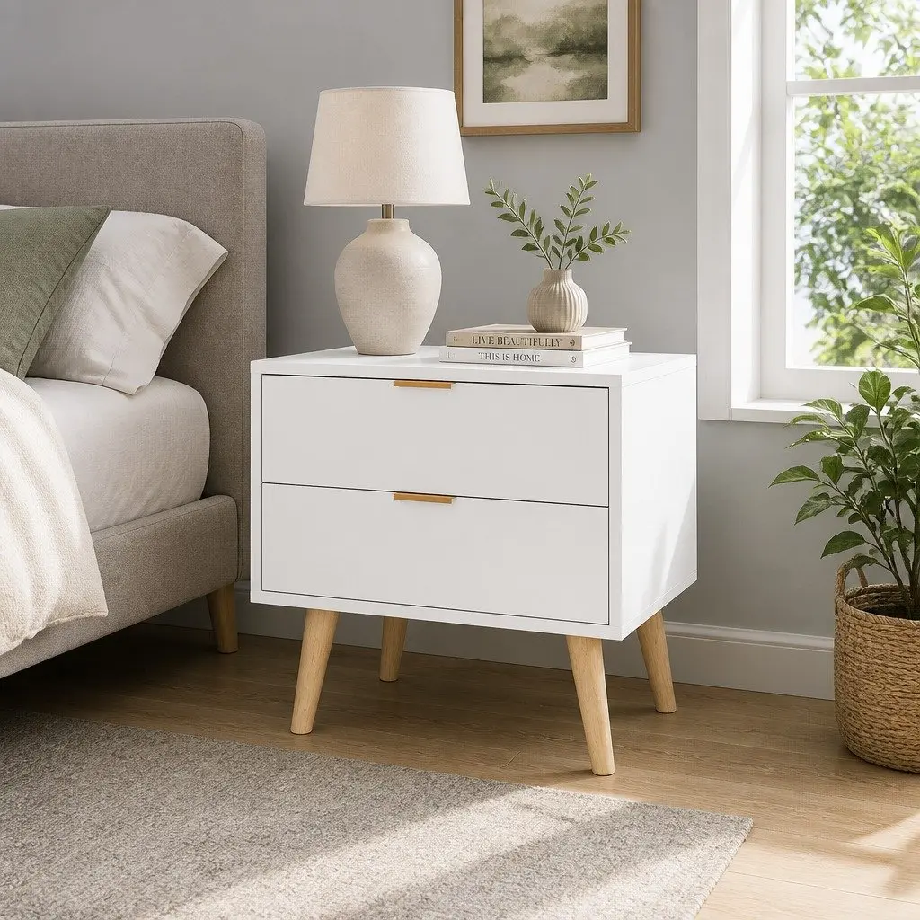 Bedside Table White 2 Drawers Bedroom Storage Nightstand with Aluminium Handles