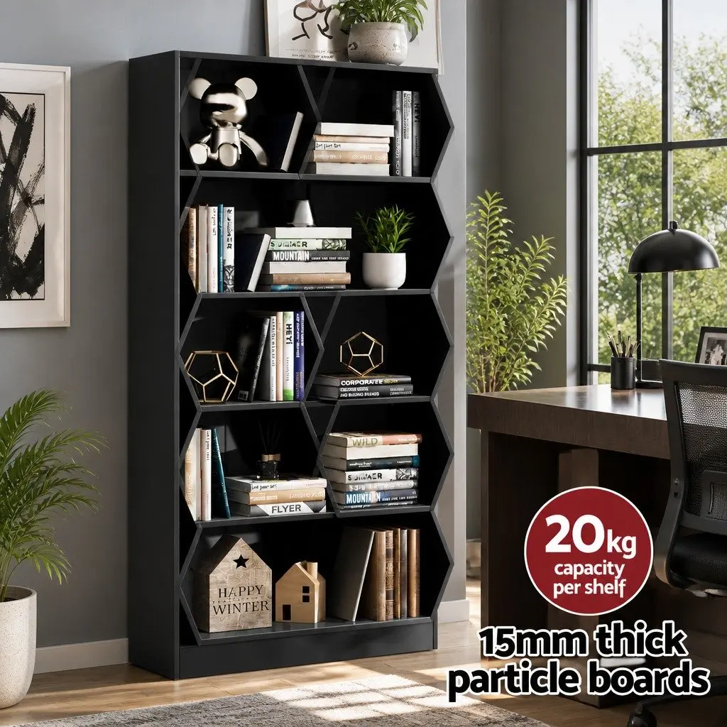 5-Tier Bookshelf Storage Display Cabinet Adjustable Shelves Black