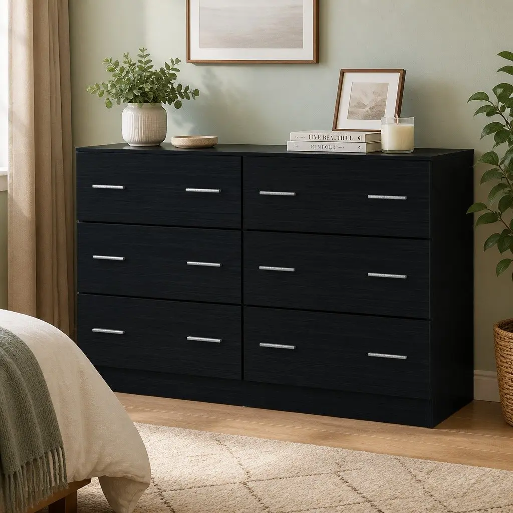 6 Drawer Chest Black Bedroom Storage Dresser Lowboy Furniture Organiser
