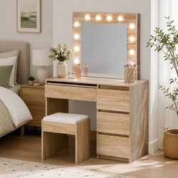 Dressing Table Set with Stool 12 LED Bulbs Hollywood Makeup Vanity Mirror Wood