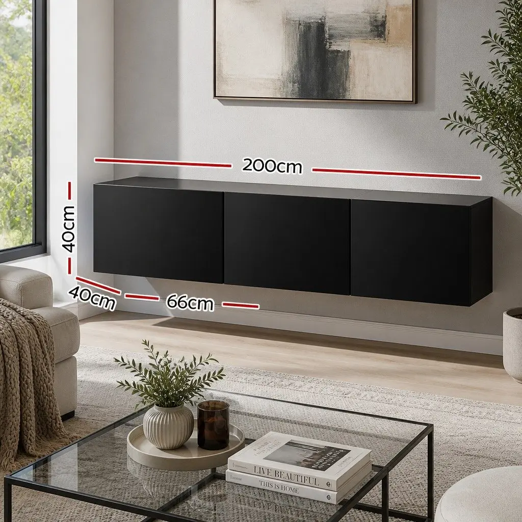 Floating TV Entertainment Unit Wall-Mounted Cabinet Black 3 Storage Cabinets