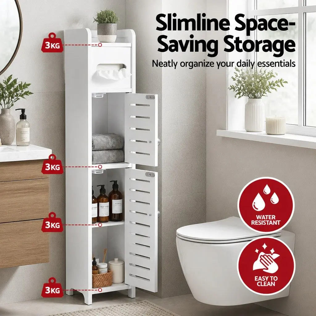 Bathroom Storage Cabinet Slim 3-Tier White Unit