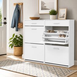 Shoe Rack Cabinet 36 Pairs Storage White Adjustable Shelves Compartments Drawers