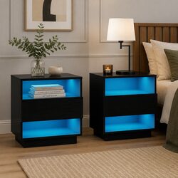 Bedside Table LED 2 Shelves Drawer Black Modern Bedroom Nightstand Storage