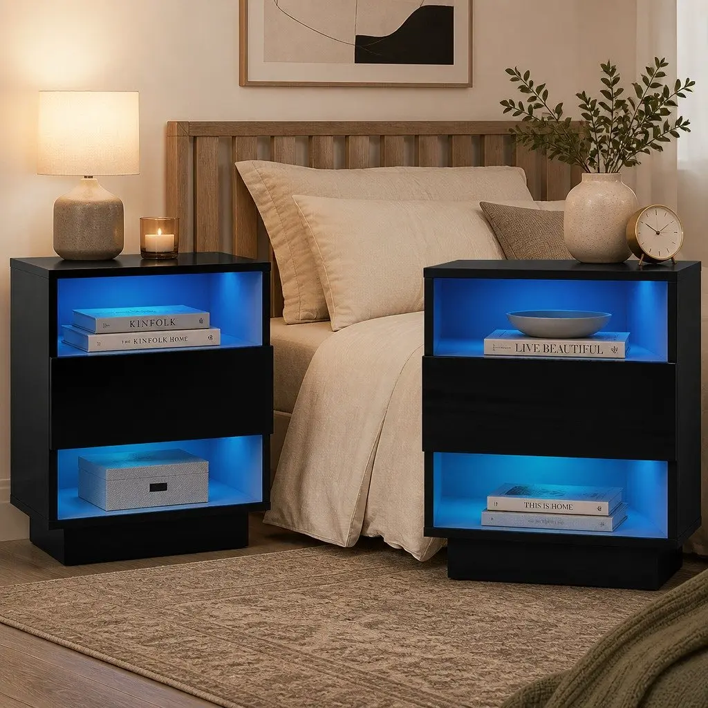 Bedside Table LED 2 Shelves Drawer Black Modern Bedroom Nightstand Storage