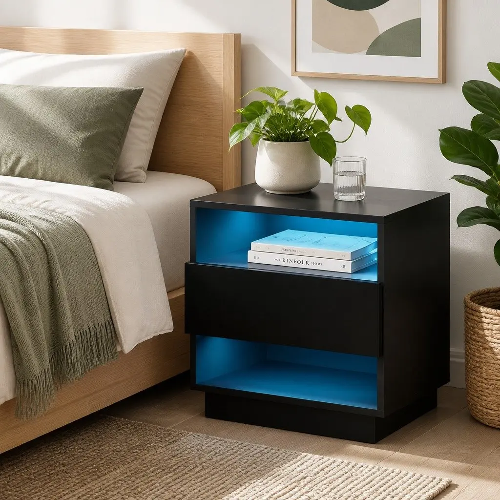 Bedside Table with LED Lighting 2 Shelves Drawer Modern Bedroom Furniture Black