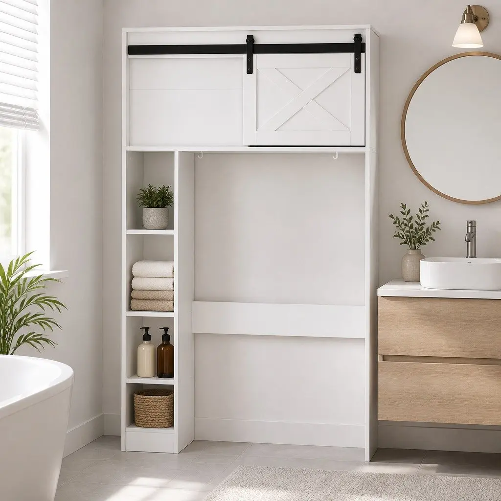 Bathroom Storage Cabinet Over Toilet Organiser 3-Tier Open Shelves Sliding Door