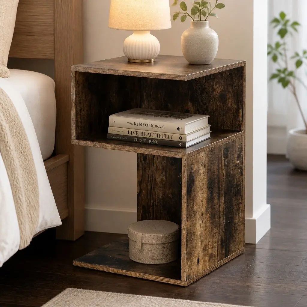 Bedside Table with Shelves Side End Table Storage Nightstand Natural Wood
