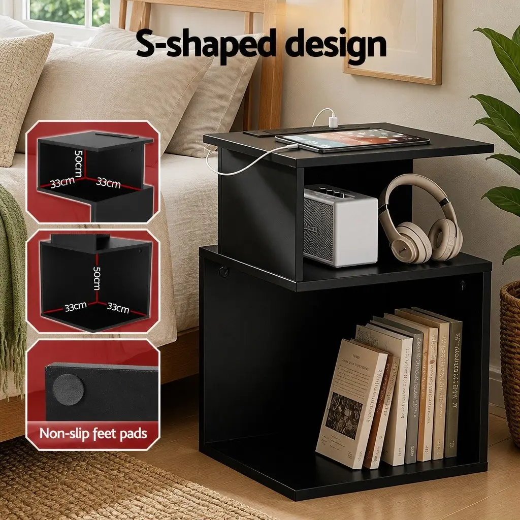 Bedside Table 2 Shelves S-Shaped Charging Station Black Bedroom Furniture