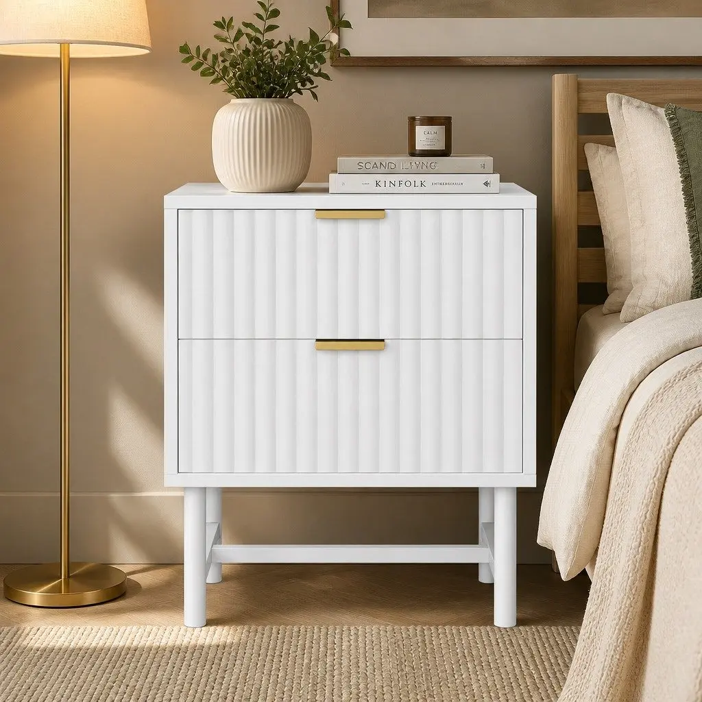Bedside Table White 2 Drawers 43.5cm W x 39cm D x 55cm H