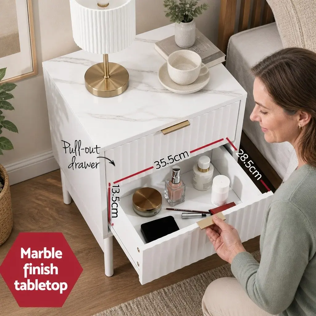 Bedside Table White 2 Drawers 43.5cm W x 39cm D x 55cm H