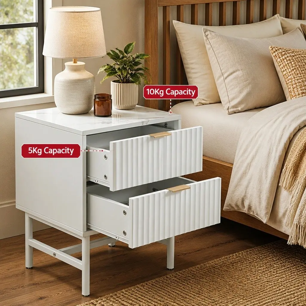 Bedside Table White 2 Drawers 43.5cm W x 39cm D x 55cm H