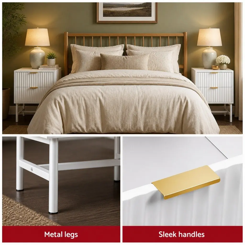 Bedside Table White 2 Drawers 43.5cm W x 39cm D x 55cm H
