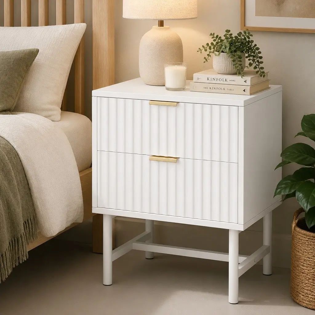 Bedside Table White 2 Drawers 43.5cm W x 39cm D x 55cm H