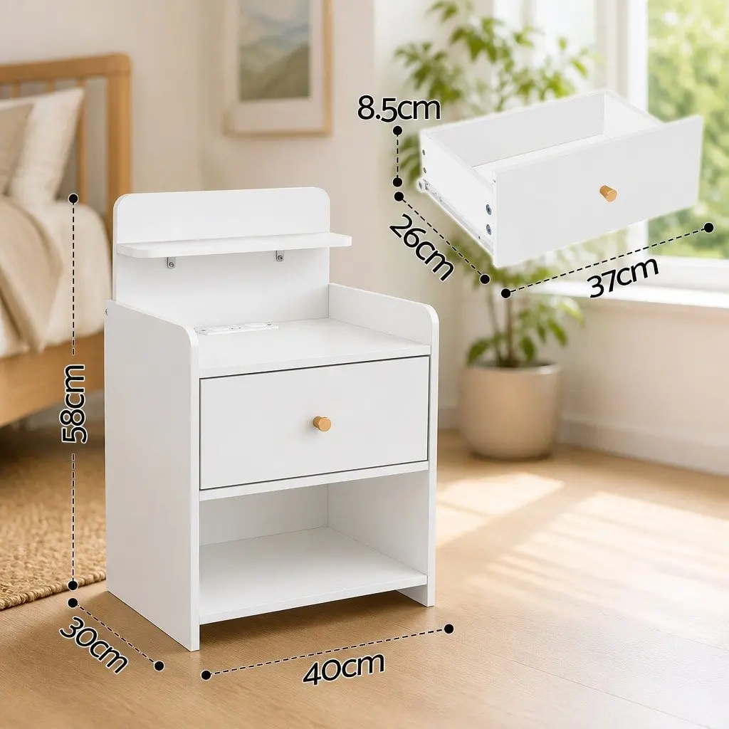 Bedside Table with Drawer Charging Station White 40cm W x 30cm D x 58cm H