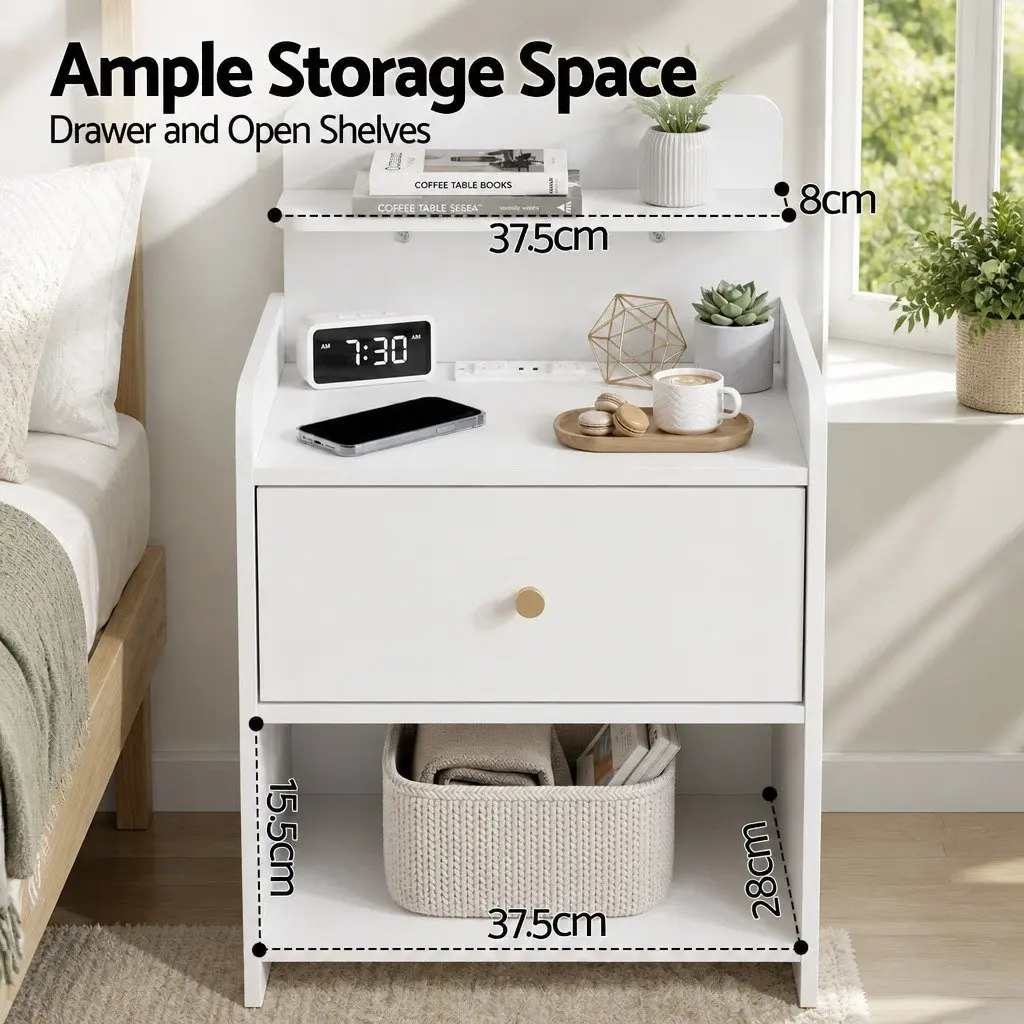 Bedside Table with Drawer Charging Station White 40cm W x 30cm D x 58cm H