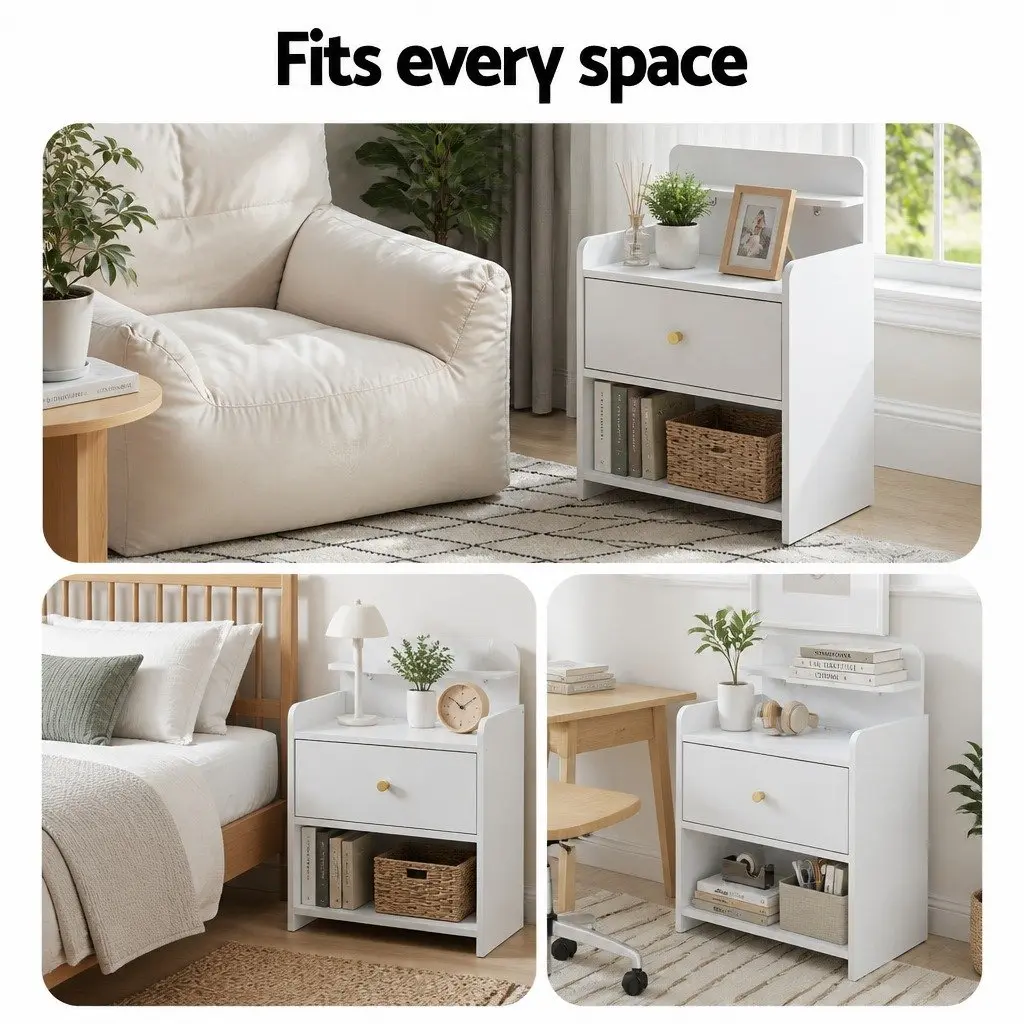 Bedside Table with Drawer Charging Station White 40cm W x 30cm D x 58cm H