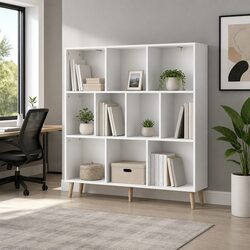 Bookshelf 3 Tiers 10 Cubes Storage Display Shelving Unit White Pine Wood Legs