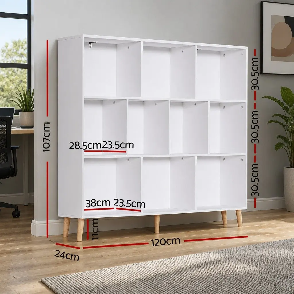 Bookshelf 3 Tier 10 Cube Storage Display Shelving Unit White Pine Wood Legs