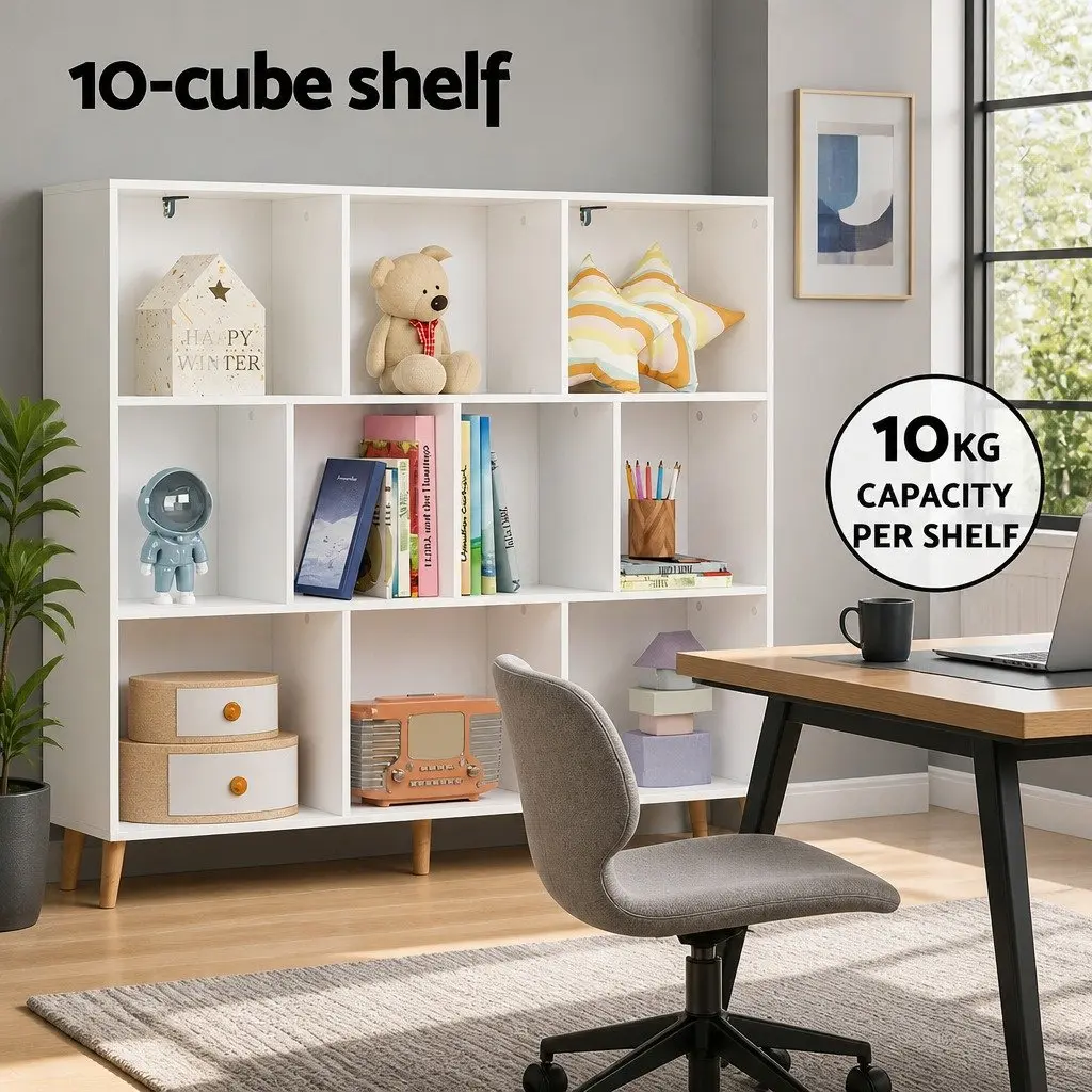 Bookshelf 3 Tier 10 Cube Storage Display Shelving Unit White Pine Wood Legs