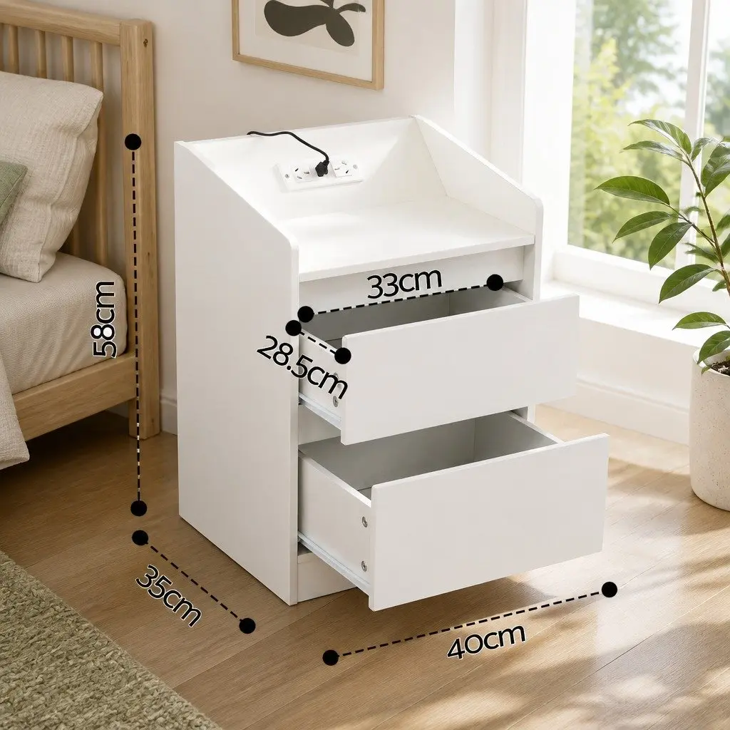 Bedside Table Nightstand with 2 Drawers Charging Station LED Lights White 40cm W x 35cm D x 58cm H