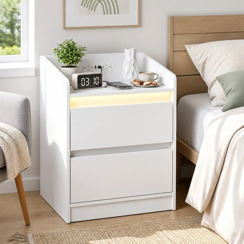 Bedside Table Nightstand with 2 Drawers Charging Station LED Lights White 40cm W x 35cm D x 58cm H