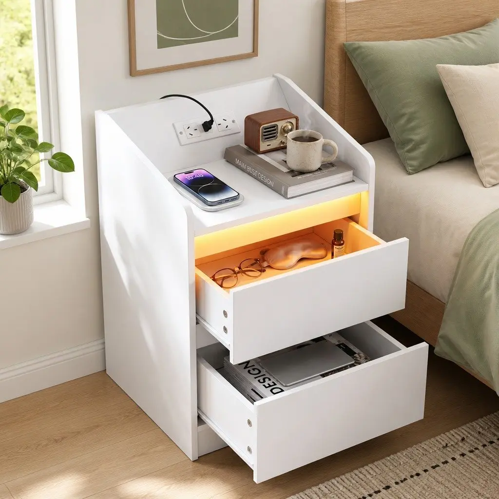 Bedside Table Nightstand with 2 Drawers Charging Station LED Lights White 40cm W x 35cm D x 58cm H