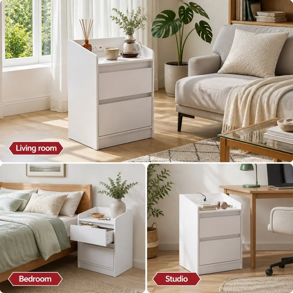 Bedside Table Nightstand with 2 Drawers Charging Station LED Lights White 40cm W x 35cm D x 58cm H