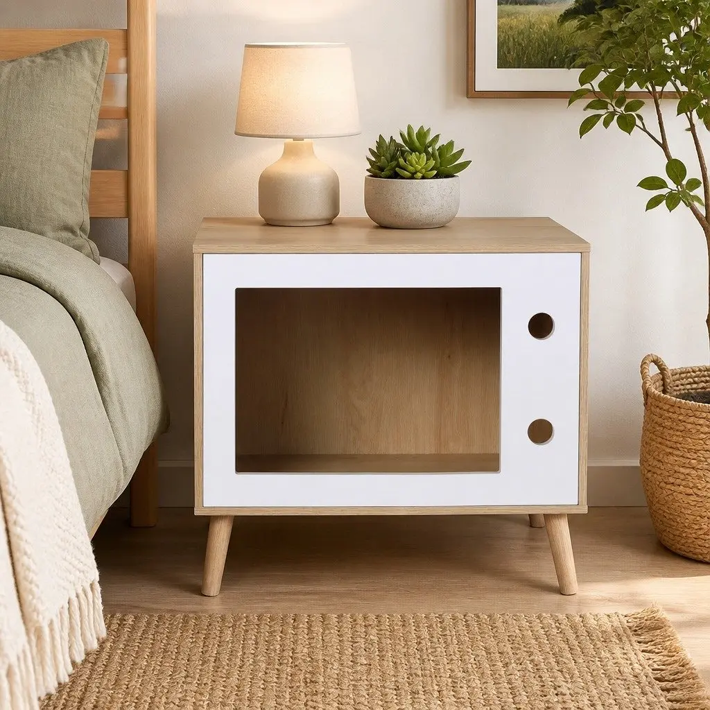 Bedside Table with Cat Nest 60cm Pine Wood MDF Modern Bedroom Furniture