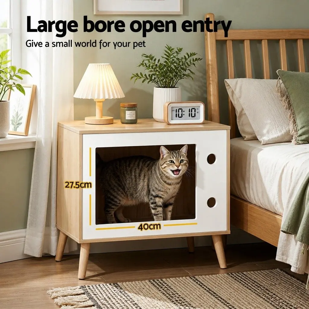 Bedside Table with Cat Nest 60cm Pine Wood MDF Modern Bedroom Furniture