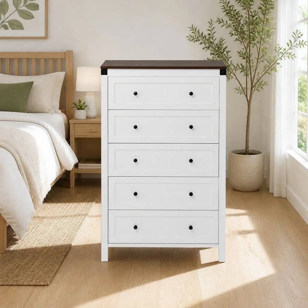 5 Drawer Chest of Drawers Storage Tallboy White Walnut Bedroom Dresser Organiser