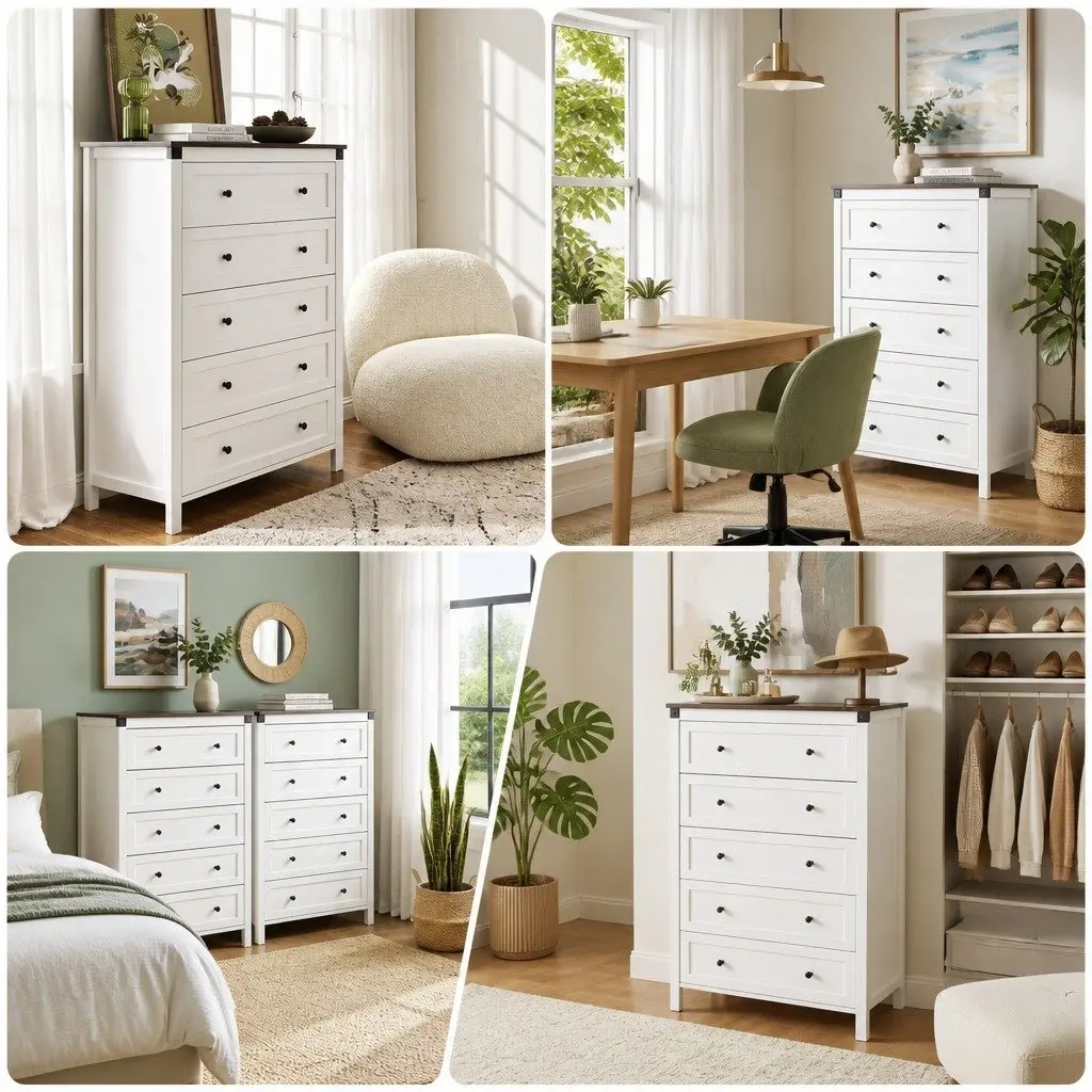 5 Drawer Chest of Drawers Storage Tallboy White Walnut Bedroom Dresser Organiser