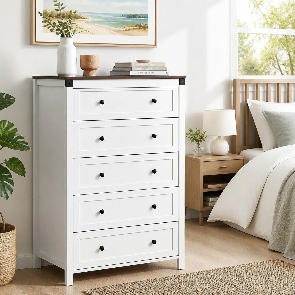5 Drawer Chest of Drawers Storage Tallboy White Walnut Bedroom Dresser Organiser