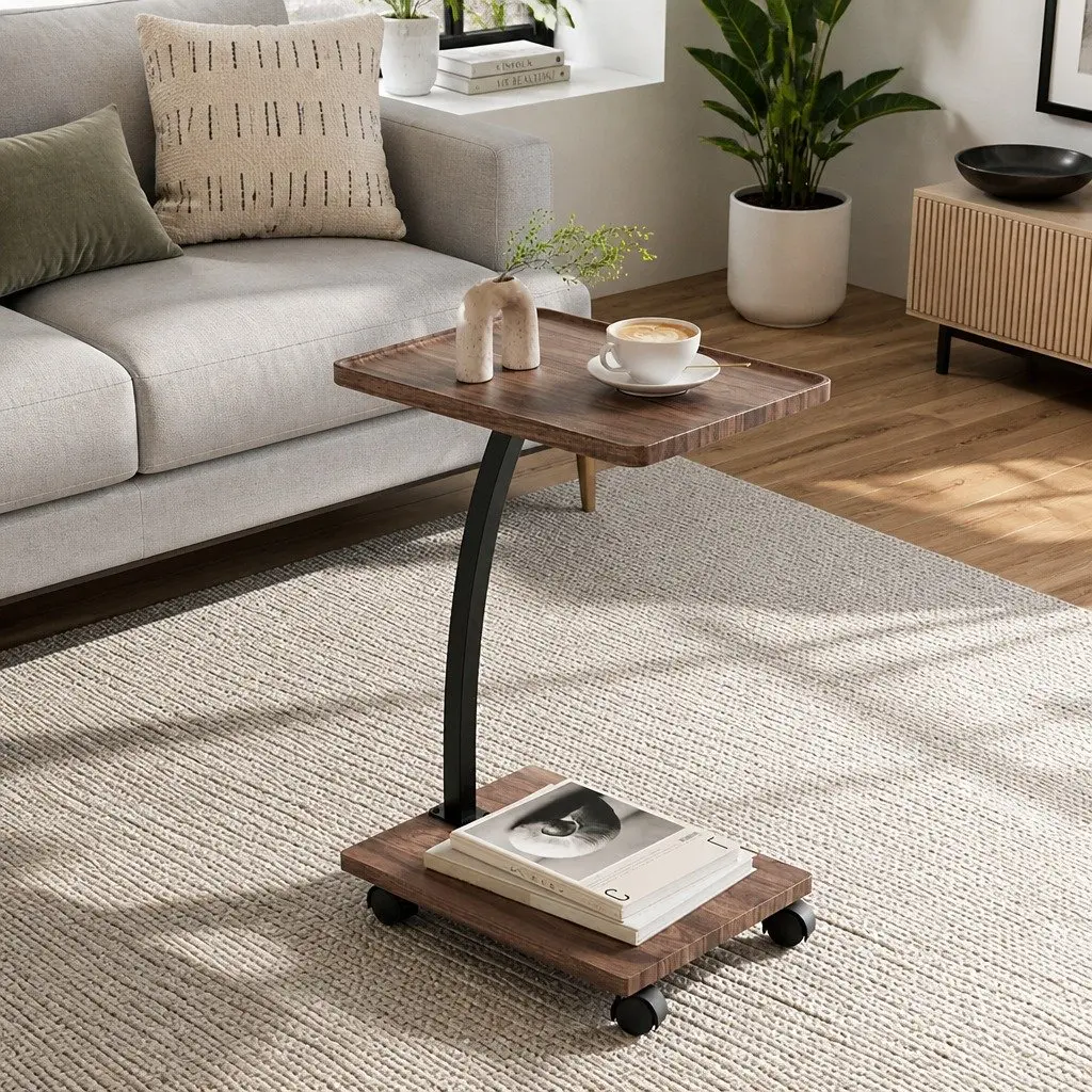 C Shaped Coffee Table Mobile Side Table Walnut 30cm W x 40cm D x 59cm H
