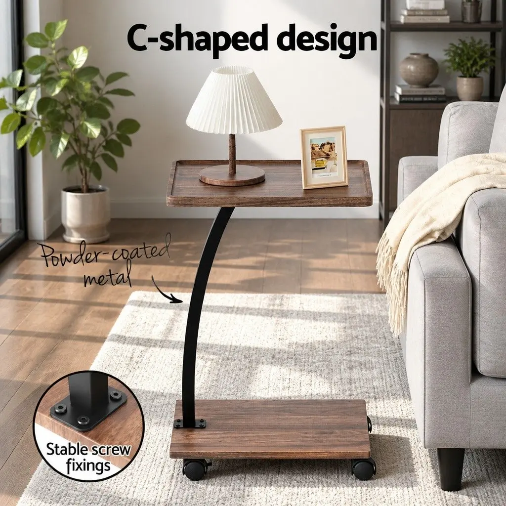 C Shaped Coffee Table Mobile Side Table Walnut 30cm W x 40cm D x 59cm H