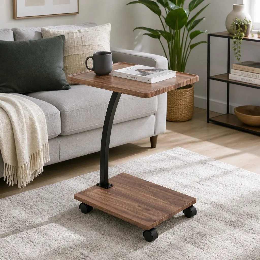 C Shaped Coffee Table Mobile Side Table Walnut 30cm W x 40cm D x 59cm H
