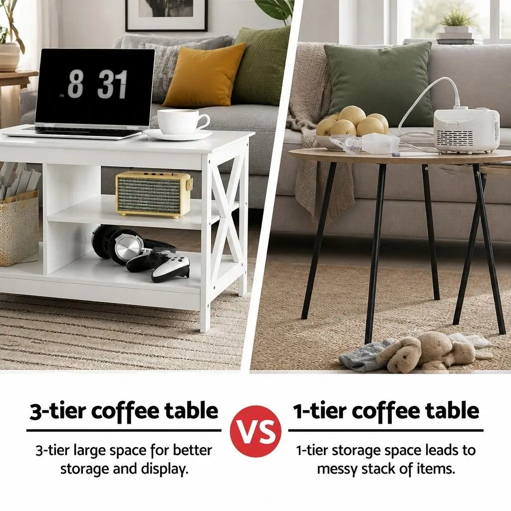 3-Tier Coffee Table Storage White Living Room Furniture Modern Design Shelves