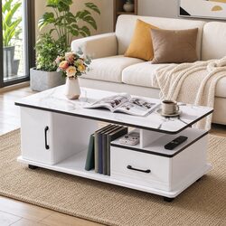 White Marble Coffee Table with Storage Drawer Cabinet Open Shelves Living Room
