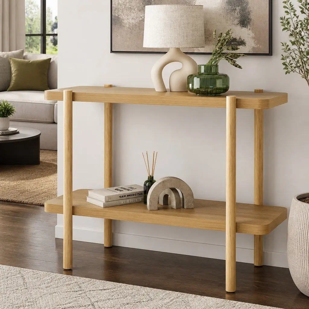 Console Table 2-Tier Display Storage 92CM Wood Grain Finish Oak Color