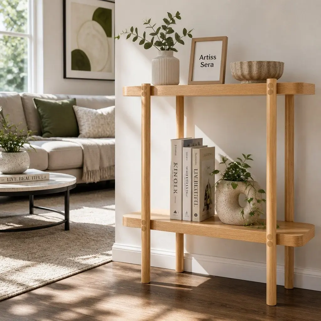Console Table 2-Tier Display Storage 92CM Wood Grain Finish Oak Color
