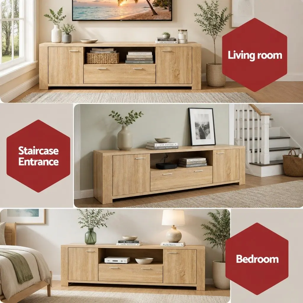 180cm TV Unit Entertainment Storage Cabinet with Open Shelf and Drawer in Pine