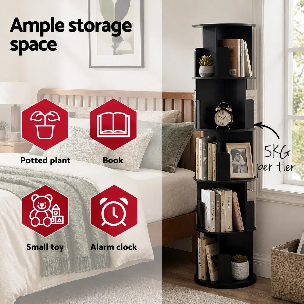 5 Tier Rotating Bookshelf Swivel Display Stand Black