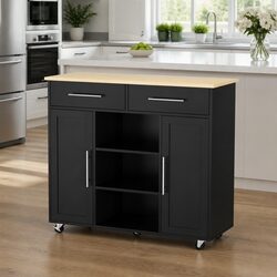 Kitchen Island Trolley Rolling Serving Cart Storage Drawer Cabinet 100cm Black