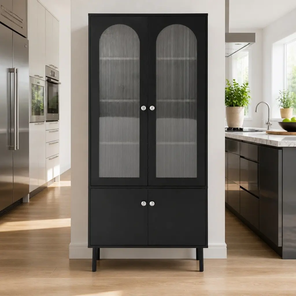 Buffet Sideboard Black 5-Tier Storage Cabinet with Fluted Door Panels and Drawers