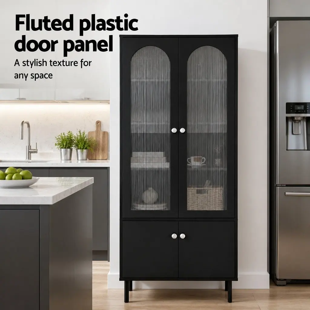 Buffet Sideboard Black 5-Tier Storage Cabinet with Fluted Door Panels and Drawers