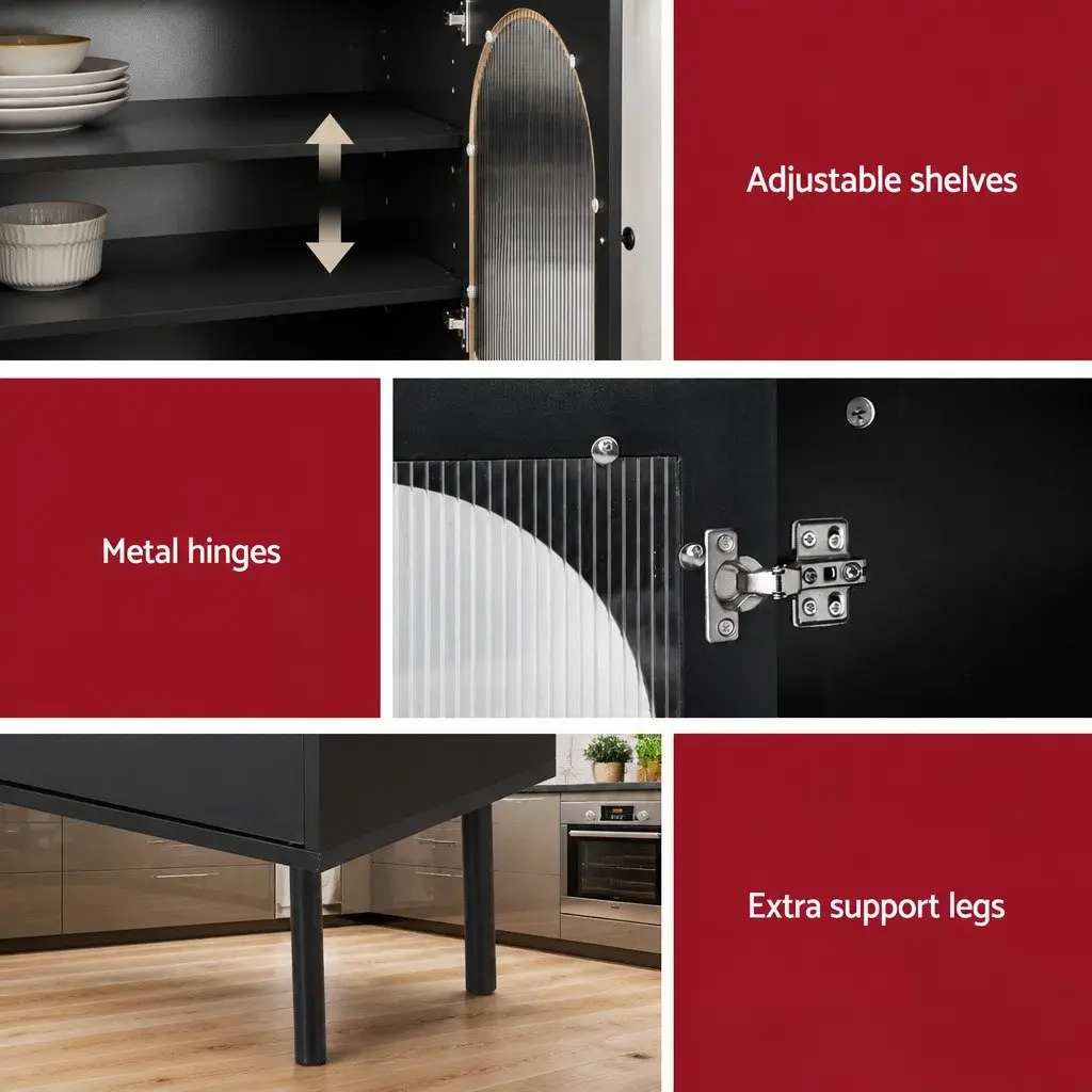 Buffet Sideboard Black 5-Tier Storage Cabinet with Fluted Door Panels and Drawers
