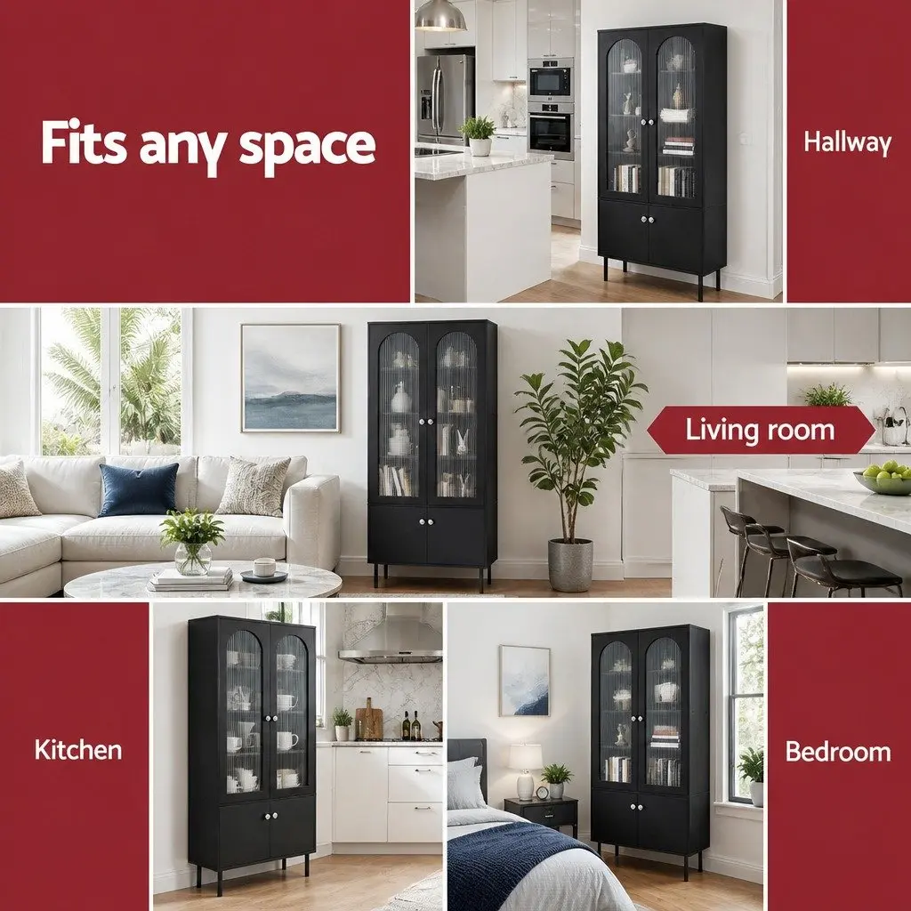 Buffet Sideboard Black 5-Tier Storage Cabinet with Fluted Door Panels and Drawers