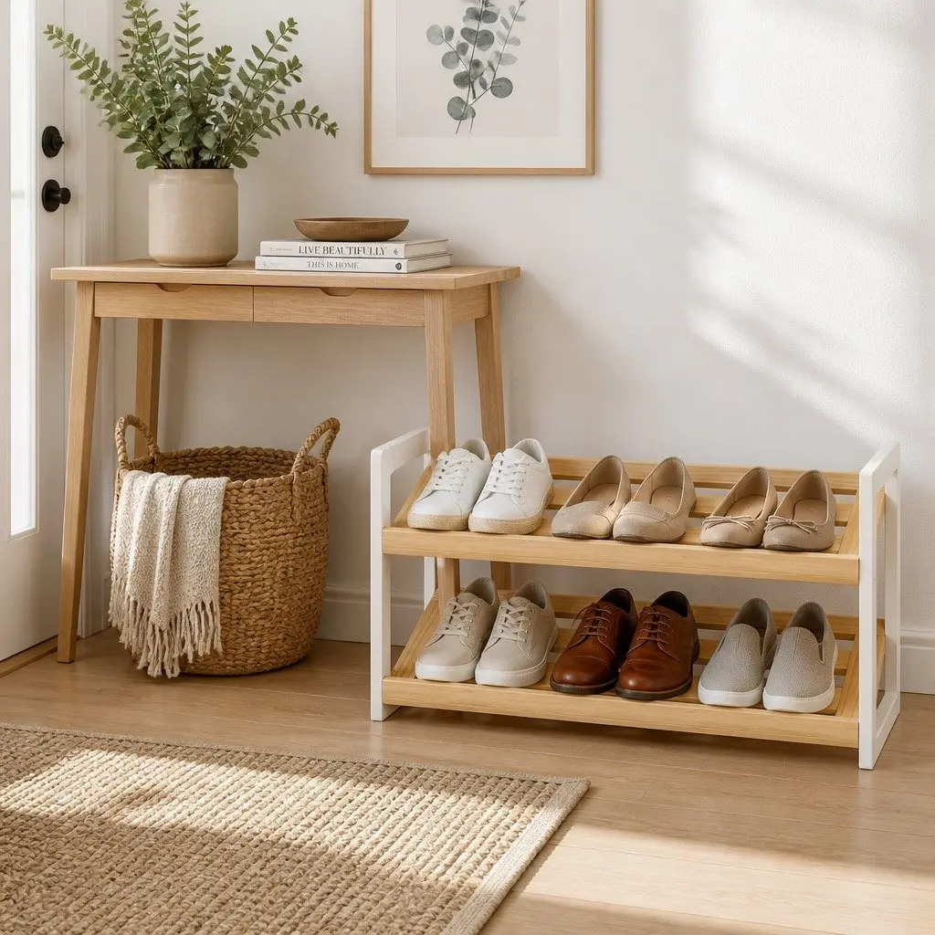 Shoe Rack 2 Tier 6 Pairs Storage Organizer Pine White Entryway Hallway Bedroom